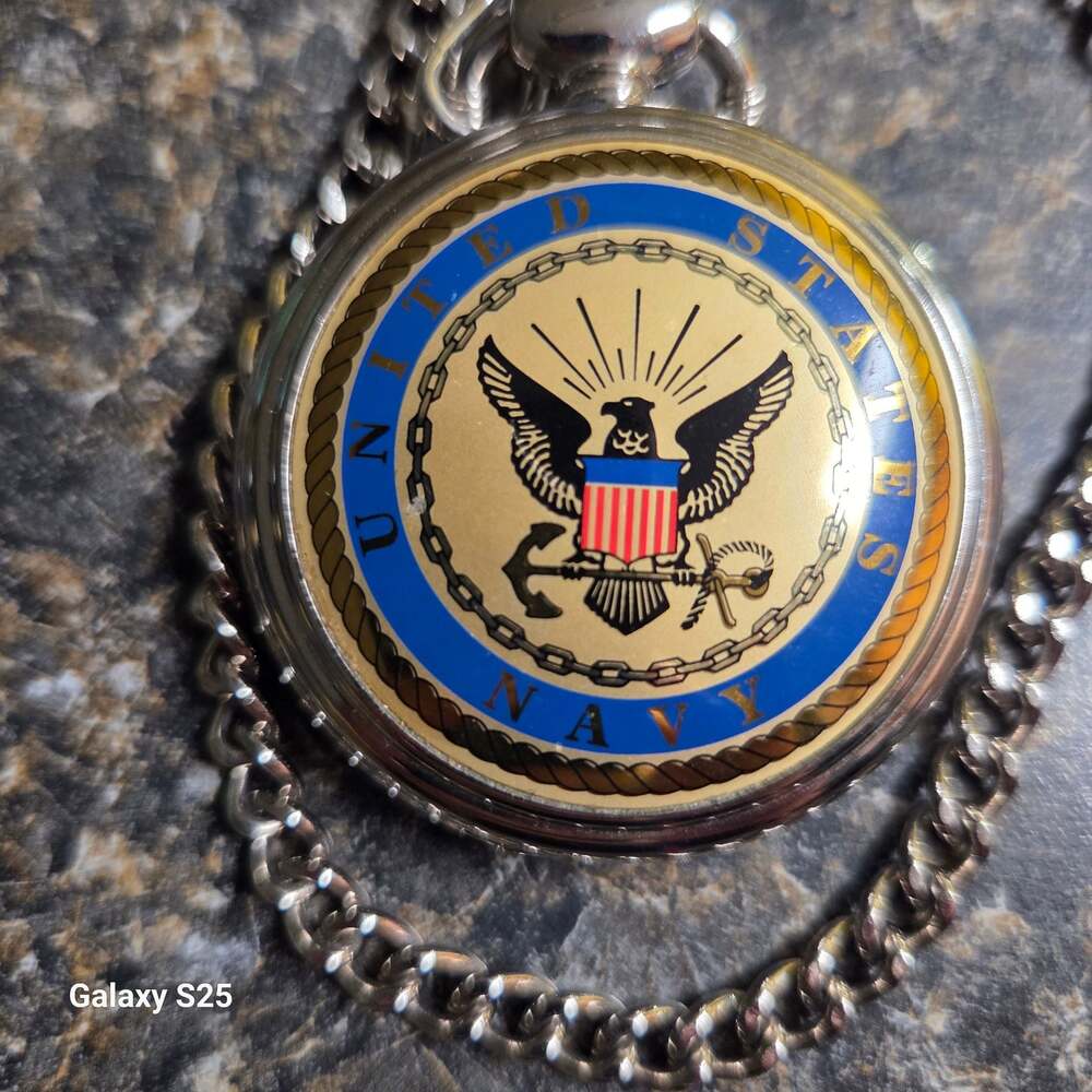 United States Navy Silver Tone Quartz Pocket Watch with Decorative Engine Turned